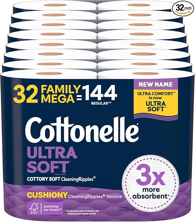 Cottonelle Ultra Soft Toilet Paper, 32 Family Mega Rolls=144 Regular Rolls ,3X More Absorbent 1000186154