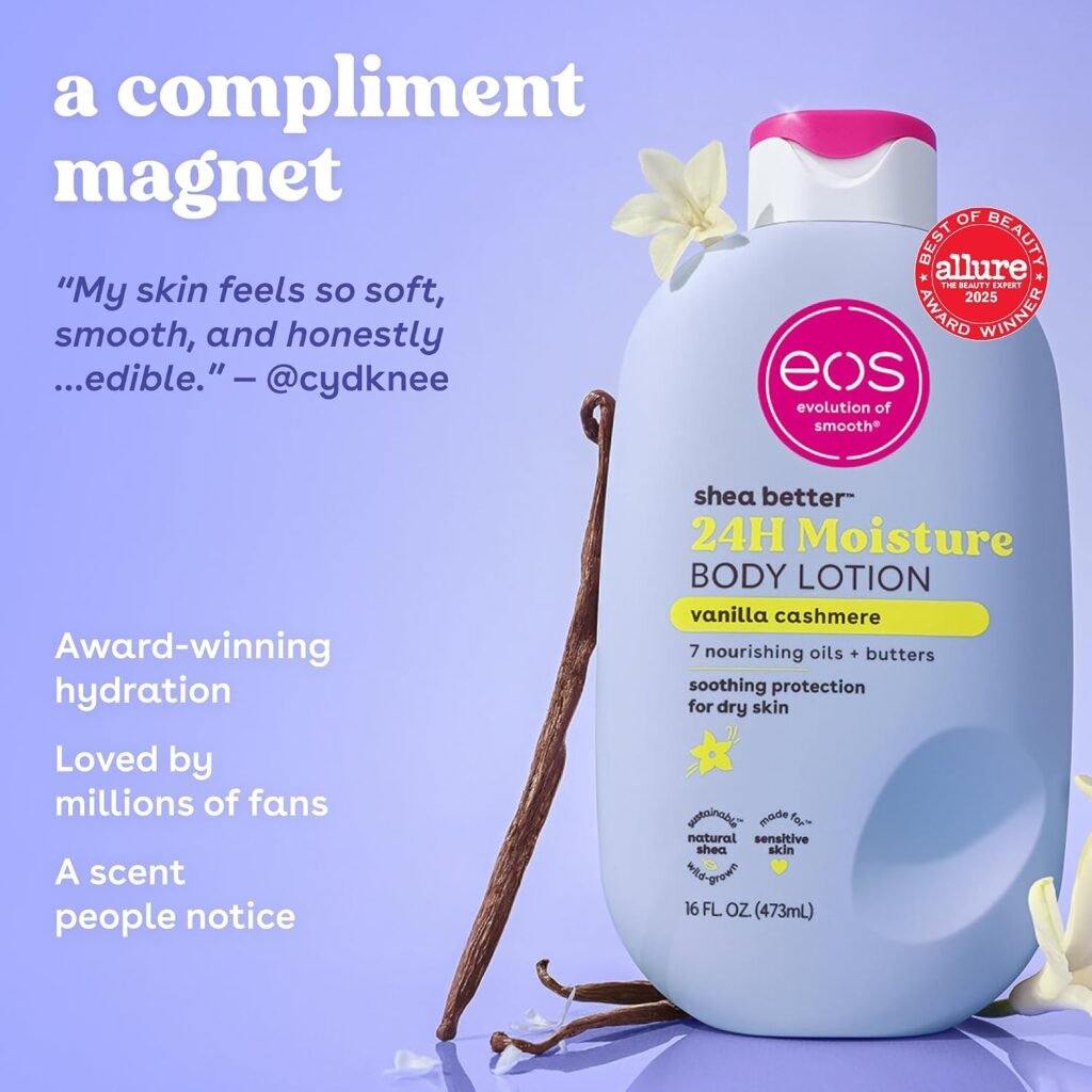 eos Vanilla Cashmere Body Lotion Review: Is It Worth It? eos Vanilla Cashmere Body Lotion with shea butter for dry skin