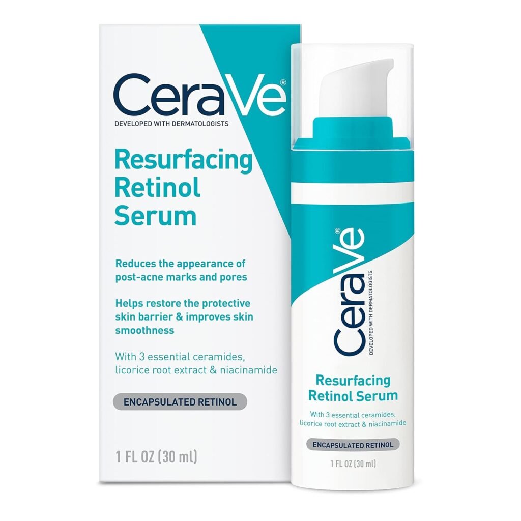 CeraVe Resurfacing Retinol Serum with retinol, niacinamide and ceramides in a 30 ml bottle
